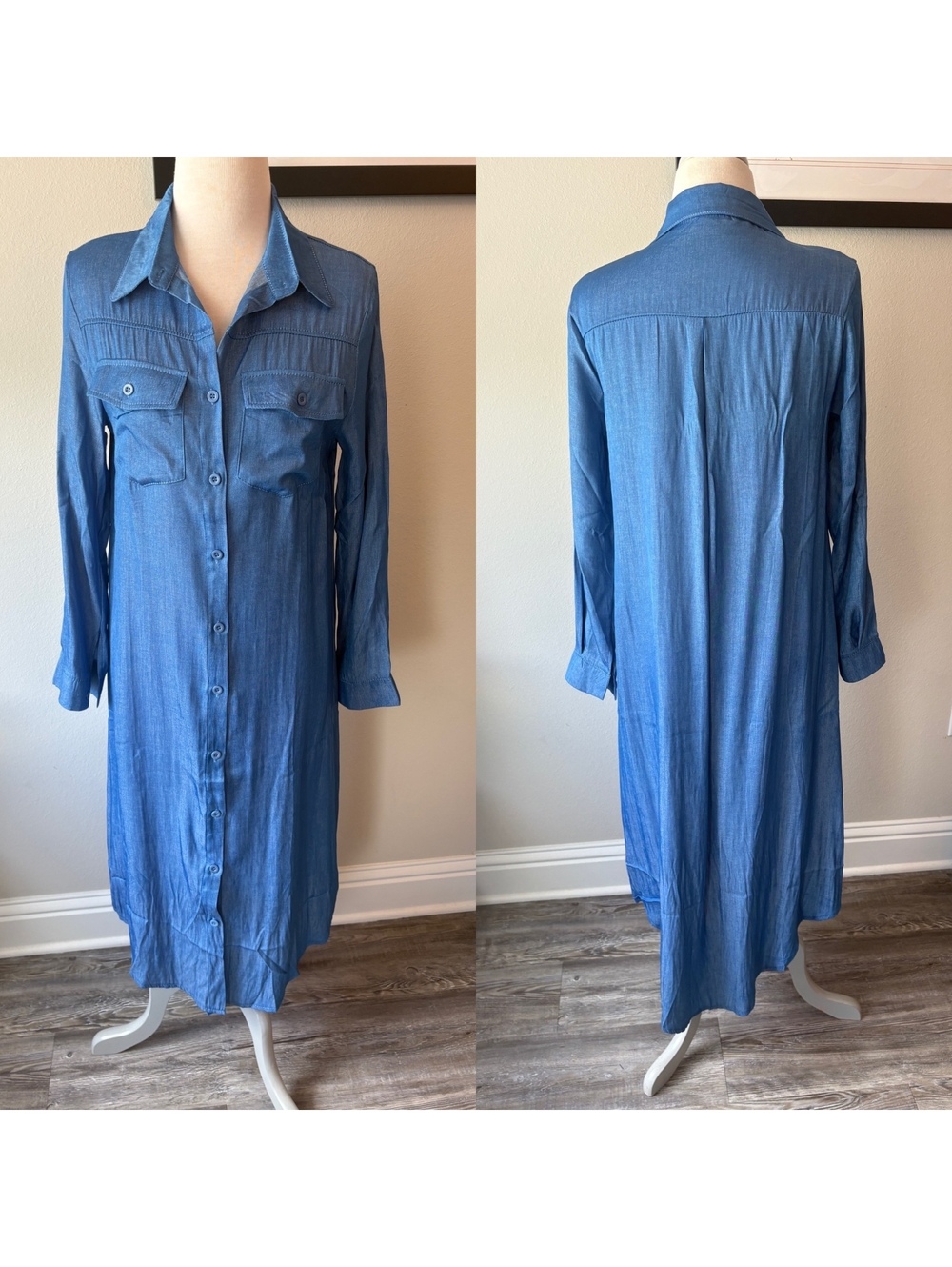 Small Shimmery Chambray Look Long Shirt Dress Button Front NWOT
